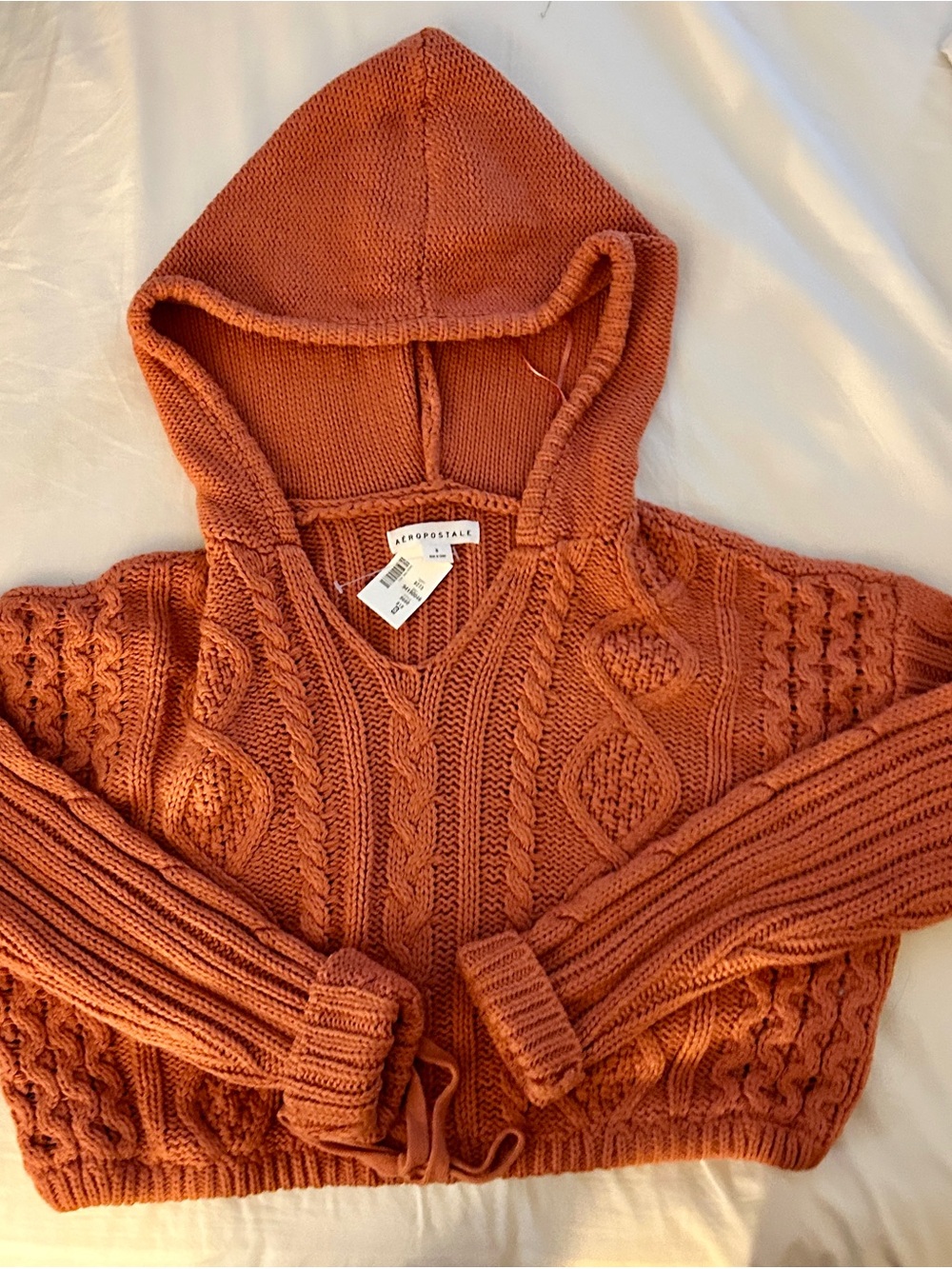 Aeropostale Women's Rust Orange V‑Neck Hooded Cable Knit Sweater